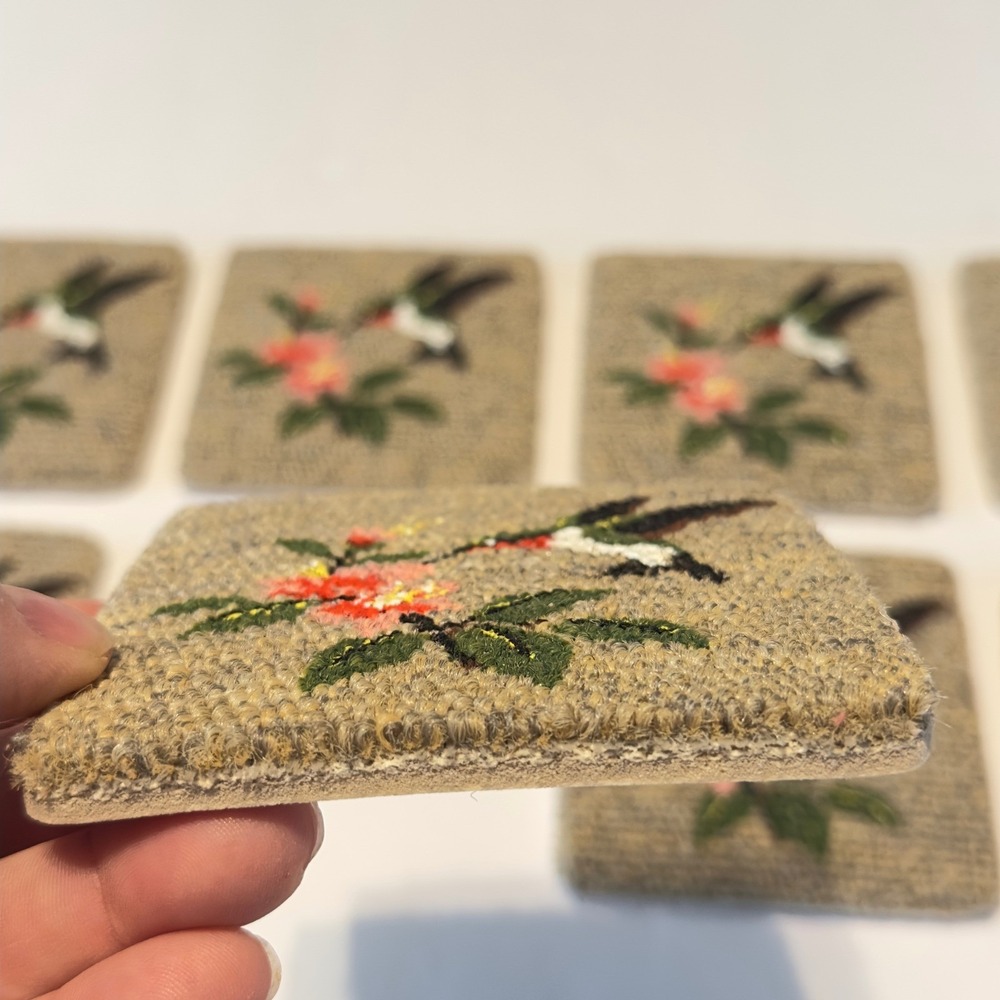 Hummingbird Carpet Coasters Set of 8 Floral Tan Square 4x4 Cottagecore Chic - Picture 4 of 8
